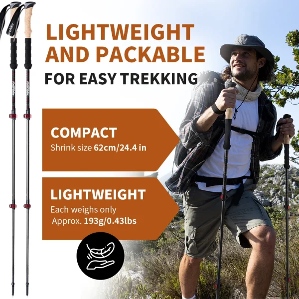 Naturehike Trekking Poles 2pcs Carbon Fiber Collapsible Telescopic Sticks Lightweight Walking Hiking Stick Climbing Stick 2