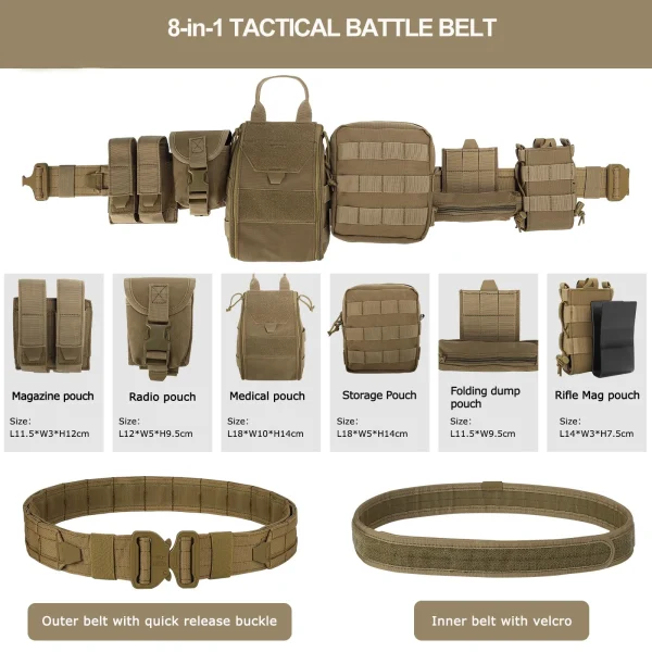 8-in-1 Hunting Tactical Battle Belt with Accessories Tactical Combat Belt Quick Release Rigger Belt Heavy Duty Belts 8 Pcs 2