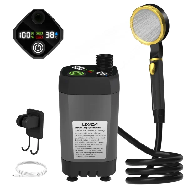 Camping Shower Pump RV Outdoor Shower Kit Camp Shower w/Full Screen Intelligent Digital Display Adjustable 6000mAh Shower Kit 1