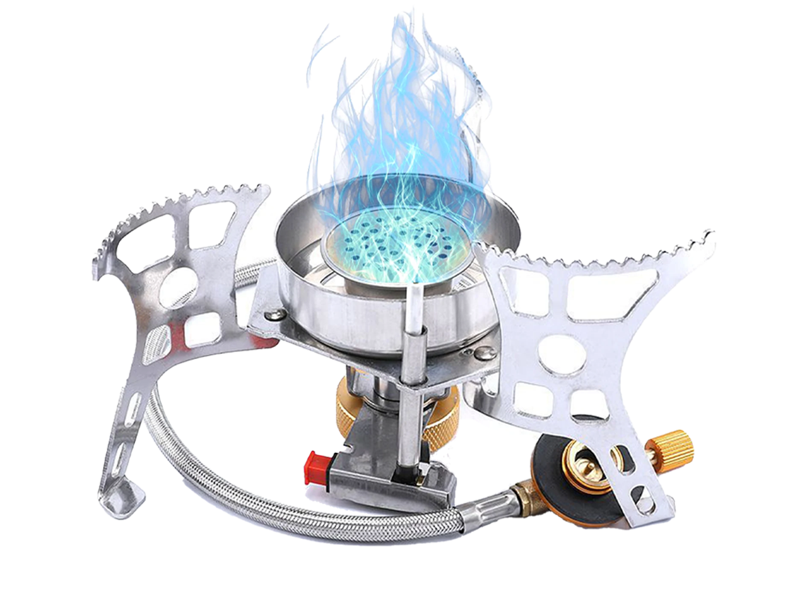 Portable camping stove with a metal burner, blue flame, foldable pot supports, and attached gas hose and valve. | outdoorsurvivors.com