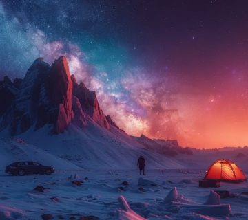 A person stands by a glowing tent, having chosen this spot for their outdoor adventure. Their car is parked nearby on the snowy terrain, while majestic mountain peaks and a starry sky provide a breathtaking backdrop. | outdoorsurvivors.com