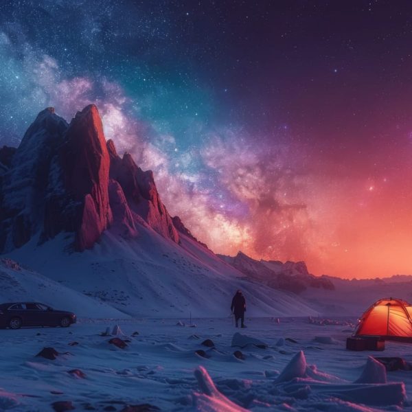 A person stands by a glowing tent, having chosen this spot for their outdoor adventure. Their car is parked nearby on the snowy terrain, while majestic mountain peaks and a starry sky provide a breathtaking backdrop. | outdoorsurvivors.com