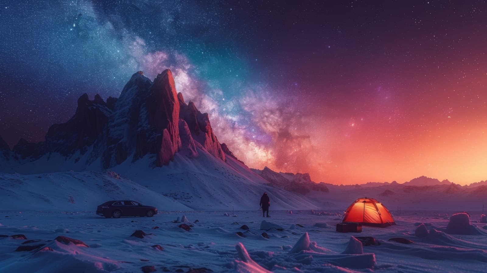 A person stands by a glowing tent, having chosen this spot for their outdoor adventure. Their car is parked nearby on the snowy terrain, while majestic mountain peaks and a starry sky provide a breathtaking backdrop. | outdoorsurvivors.com
