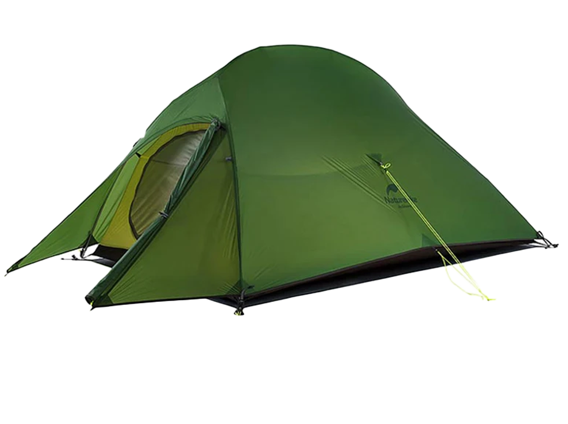 Green dome-shaped camping tent with a small entrance and yellow guylines, set up on a white background. | outdoorsurvivors.com