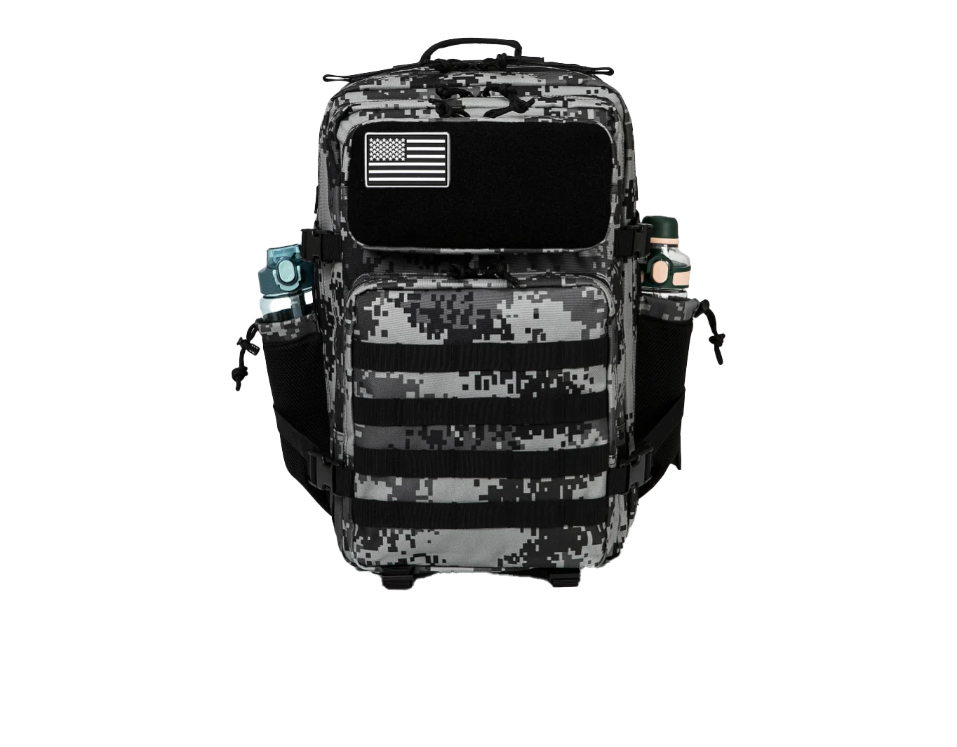 Digital camo backpack with a U.S. flag patch. It has multiple pockets, webbing, and two side compartments holding bottles. | outdoorsurvivors.com