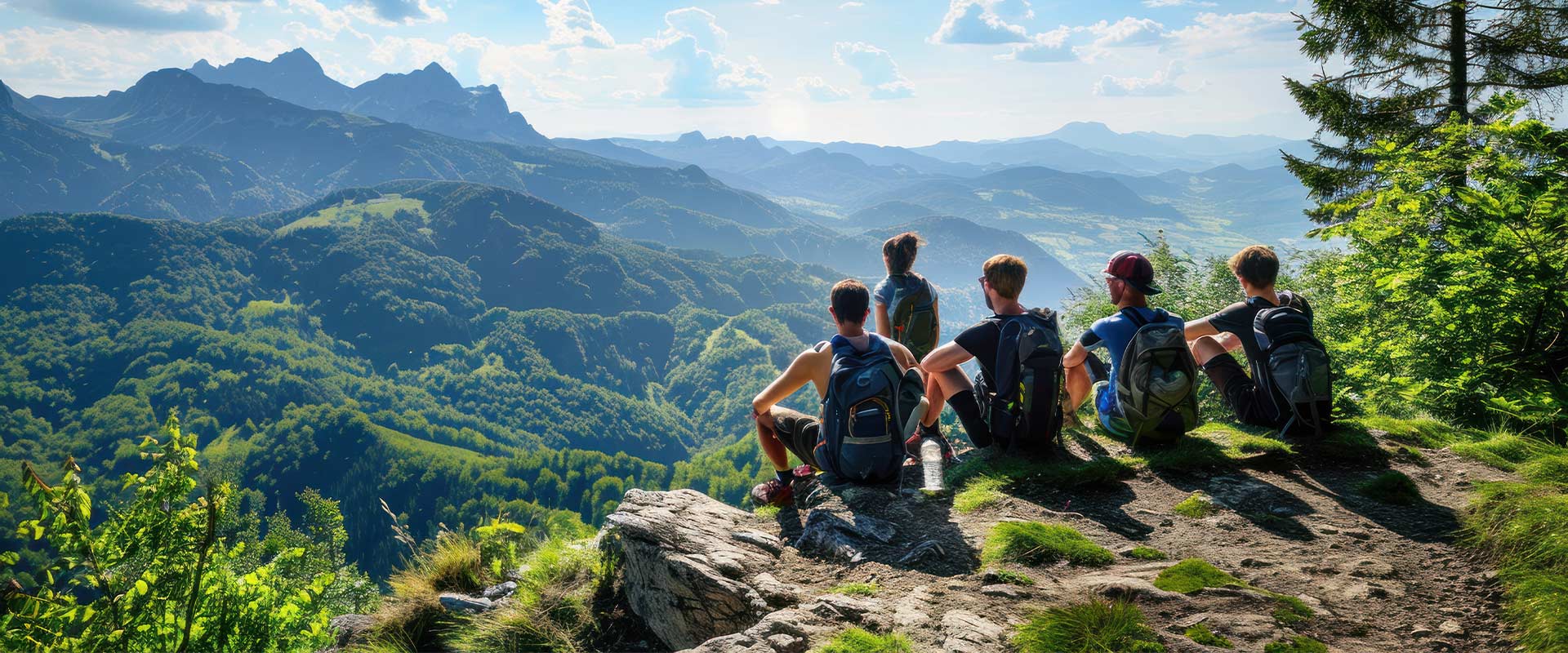 Five hikers with backpacks sit on a rocky outcrop overlooking a vast, green mountainous landscape under a sunny sky. | outdoorsurvivors.com