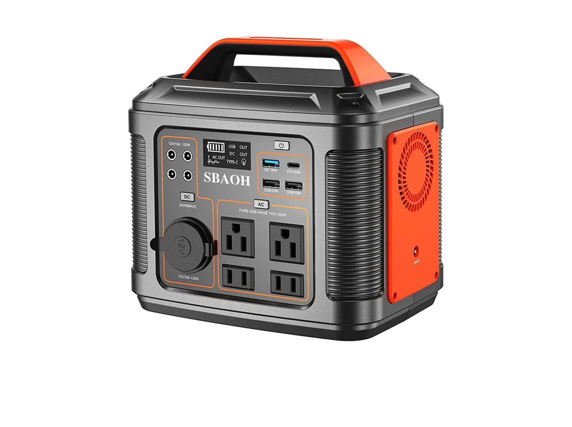 Portable power station with various input and output ports, including USB, AC outlets, and a digital display. It has a carrying handle and a red accent. | outdoorsurvivors.com