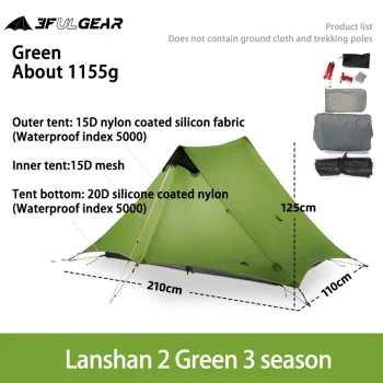 LanShan 2 3F UL GEAR 2 Person 1 Person Outdoor Ultralight Camping Tent 3 Season 4 Season Professional 15D Silnylon Rodless Tent 4