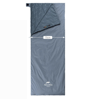 An unfolded gray Ultralight Envelope Ultimate Comfort Sleeping Bag is displayed, featuring a 75 cm width marked by a white arrow and label at the top section. | outdoorsurvivors.com