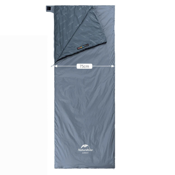 An unfolded gray Ultralight Envelope Ultimate Comfort Sleeping Bag is displayed, featuring a 75 cm width marked by a white arrow and label at the top section. | outdoorsurvivors.com