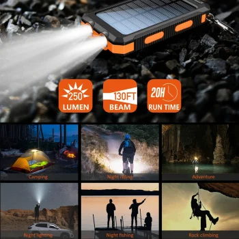 10000mAh Solar Charging Power Bank,Dual USB & Type C Output Port Multicharger Power Bank with Flashlight and Compass 4