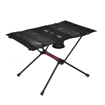 The Aluminum Outdoor Camping Folding Table features a black fabric surface, mesh cup holders, and sturdy red and black crossed metal legs—ideal for all your outdoor adventures. | outdoorsurvivors.com