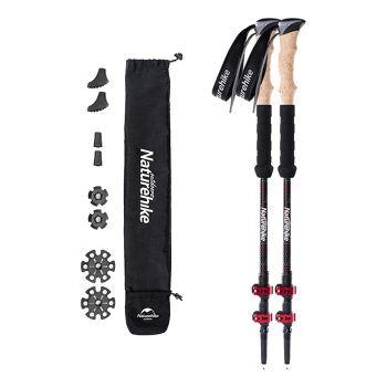 The Carbon Fiber Collapsible Lightweight Trekking Poles (2pcs) feature cork handles, adjustable length, interchangeable tips and baskets, and come with a black Naturehike carrying bag. | outdoorsurvivors.com
