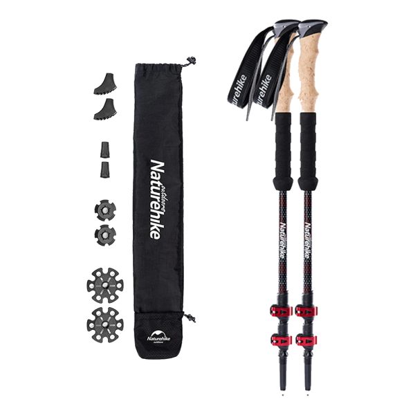 The Carbon Fiber Collapsible Lightweight Trekking Poles (2pcs) feature cork handles, adjustable length, interchangeable tips and baskets, and come with a black Naturehike carrying bag. | outdoorsurvivors.com