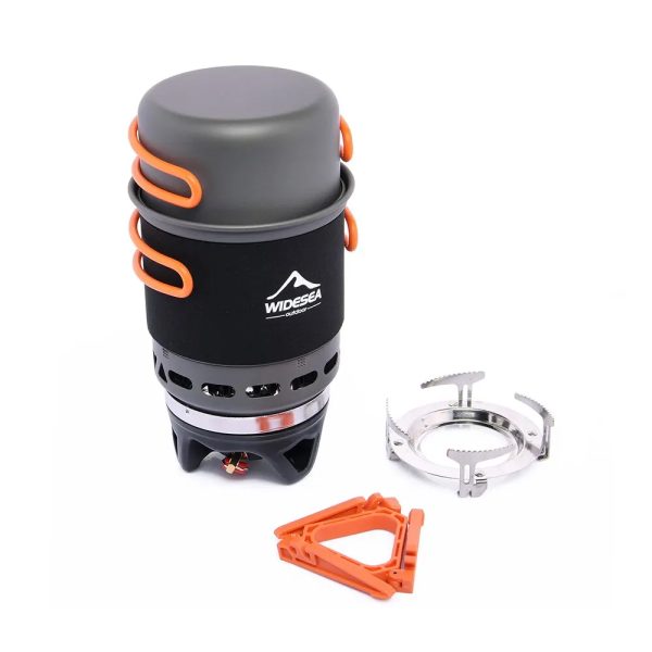 The Outdoor Gas Burner Stove with Heat Exchanger Camping Cookware Set includes a compact black and grey pot with orange handles, a heat exchanger, a metal gas burner stand, and an orange foldable support. | outdoorsurvivors.com