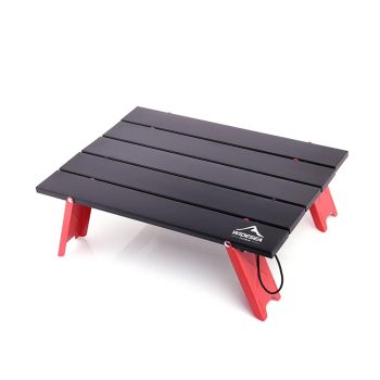 The Portable Lightweight Folding Outdoor Picnic Table features a black slatted top and red legs. Shown on a white background, this easy-to-fold table is ideal for outdoor adventures and simple to carry anywhere. | outdoorsurvivors.com