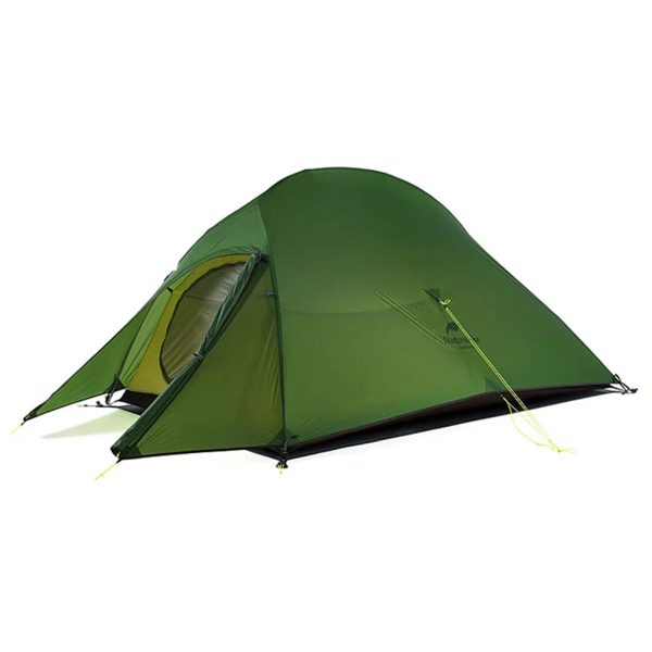 The Ultralight 20D Waterproof Camping Tent for 1-3 People is set up on a white background with its entrance partially open and guy lines secured. | outdoorsurvivors.com
