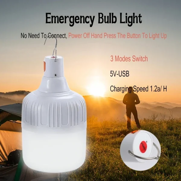 60W Camping Light USB Rechargeable LED Emergency Lamp Outdoor Portable Lanterns with Hook for Tents Battery Bulb 2