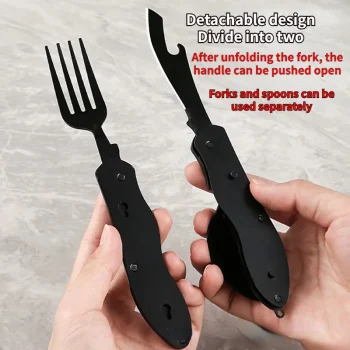Outdoor Camping Portable Stainless Steel Foldable Spoon Fork Knife Bottle Opener Combo Set Cutlery Home Multitool Tableware 4