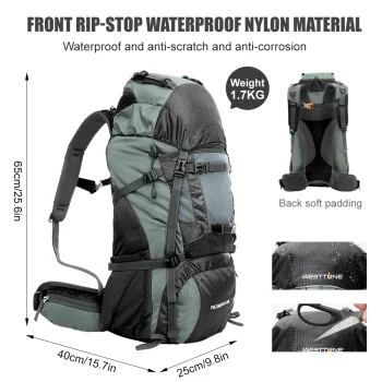 WESTTUNE 60L Explorer Internal Frame Backpack with Rain Cover 3