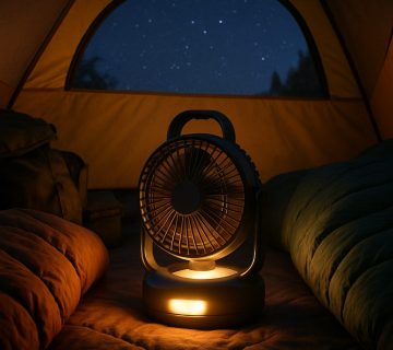 A portable fan with a built in light sits between two sleeping bags inside a tent, with the night sky and stars visible through the tent opening | outdoorsurvivors com