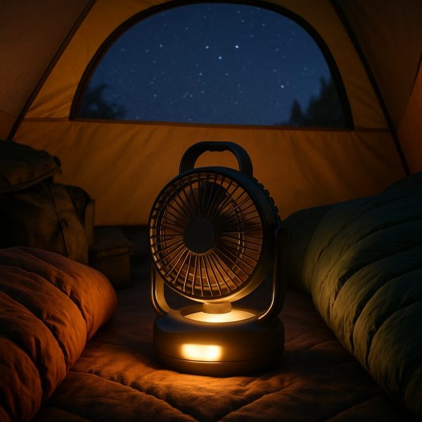 A portable fan with a built-in light sits between two sleeping bags inside a tent, with the night sky and stars visible through the tent opening. | outdoorsurvivors.com A portable fan with a built in light sits between two sleeping bags inside a tent, with the night sky and stars visible through the tent opening | outdoorsurvivors com