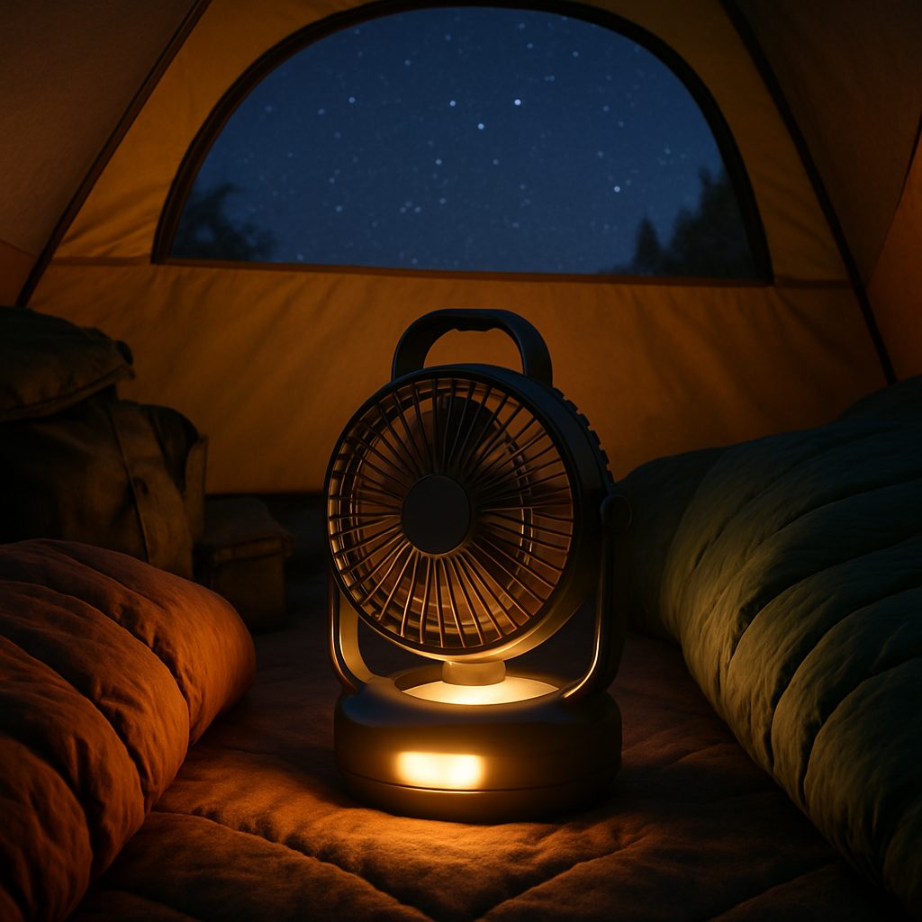 A portable fan with a built in light sits between two sleeping bags inside a tent, with the night sky and stars visible through the tent opening | outdoorsurvivors com