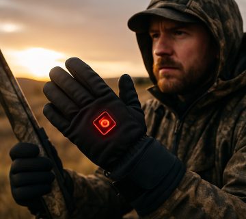 A person in camouflage holds a rifle outdoors at sunset, wearing black gloves with a red illuminated button on the back of one hand | outdoorsurvivors com