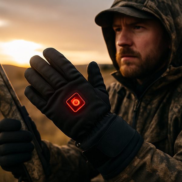 A person in camouflage holds a rifle outdoors at sunset, wearing black gloves with a red illuminated button on the back of one hand. | outdoorsurvivors.com A person in camouflage holds a rifle outdoors at sunset, wearing black gloves with a red illuminated button on the back of one hand | outdoorsurvivors com