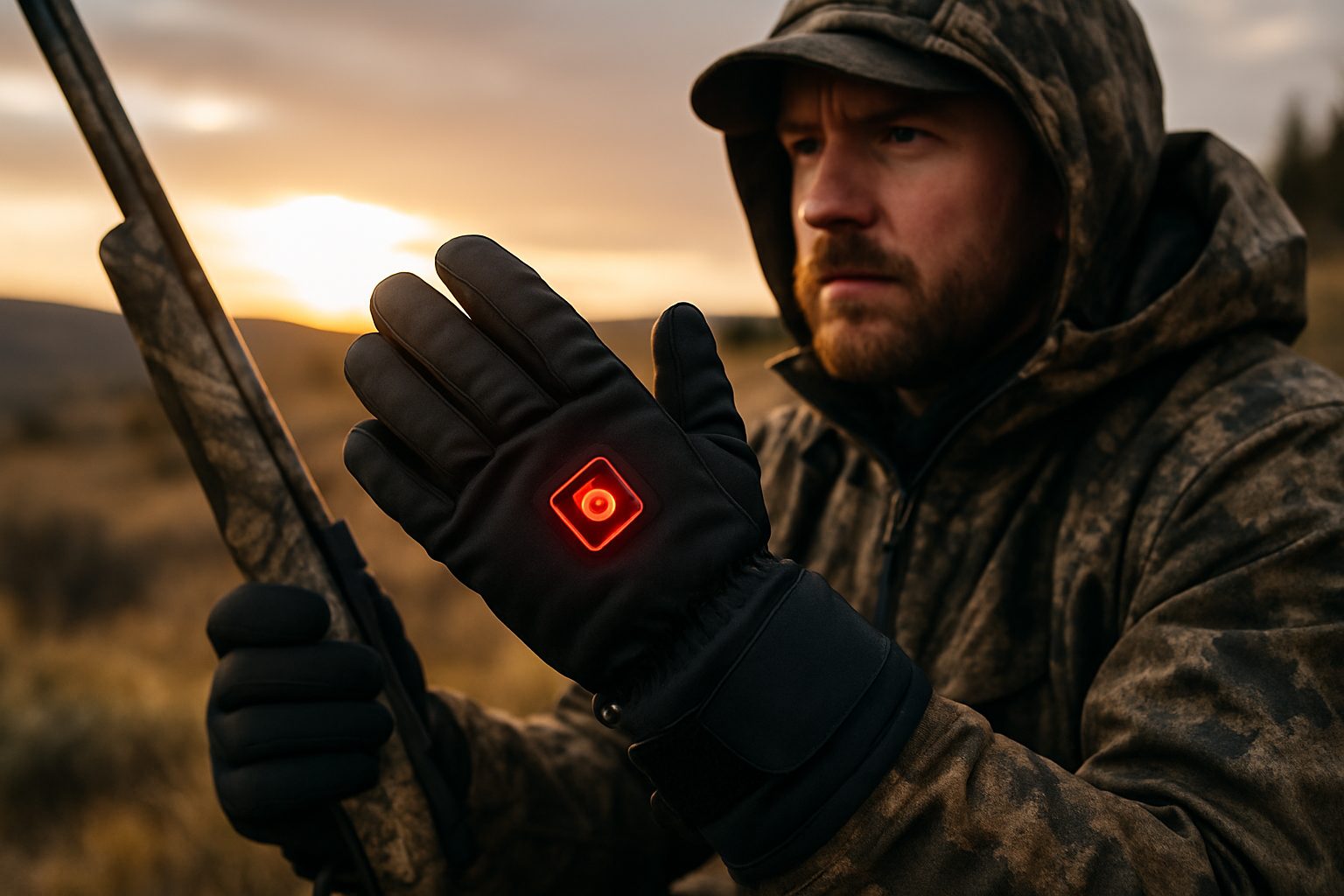 A person in camouflage holds a rifle outdoors at sunset, wearing black gloves with a red illuminated button on the back of one hand | outdoorsurvivors com