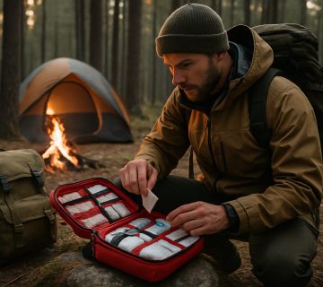 A person kneels in a forest campsite, opening a first aid kit on a rock, with a tent, campfire, and backpack visible in the background | outdoorsurvivors com