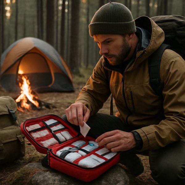 A person kneels in a forest campsite, opening a first aid kit on a rock, with a tent, campfire, and backpack visible in the background. | outdoorsurvivors.com A person kneels in a forest campsite, opening a first aid kit on a rock, with a tent, campfire, and backpack visible in the background | outdoorsurvivors com