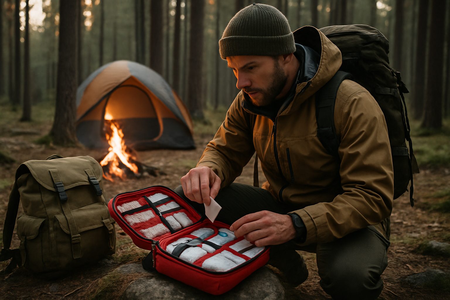 A person kneels in a forest campsite, opening a first aid kit on a rock, with a tent, campfire, and backpack visible in the background | outdoorsurvivors com