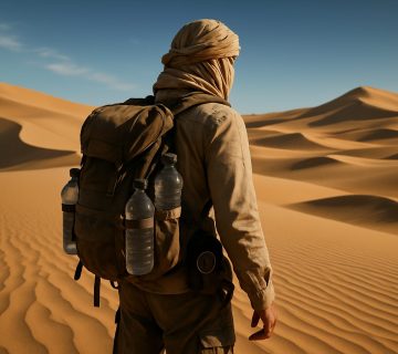 A person wearing desert clothing and a backpack with water bottles stands in a vast sandy desert with rolling dunes under a clear sky | outdoorsurvivors com