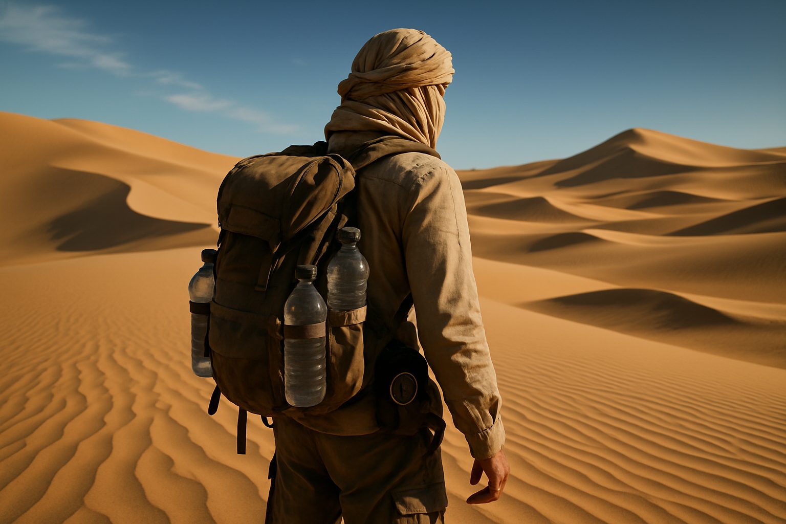 A person wearing desert clothing and a backpack with water bottles stands in a vast sandy desert with rolling dunes under a clear sky | outdoorsurvivors com