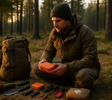 A person in outdoor clothing kneels in a forest, organizing survival gear and a first aid kit on the ground next to a backpack | outdoorsurvivors com