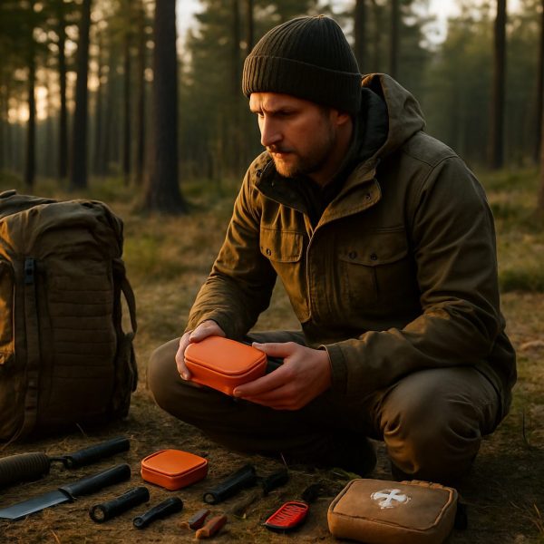 A person in outdoor clothing kneels in a forest, organizing survival gear and a first aid kit on the ground next to a backpack. | outdoorsurvivors.com A person in outdoor clothing kneels in a forest, organizing survival gear and a first aid kit on the ground next to a backpack | outdoorsurvivors com