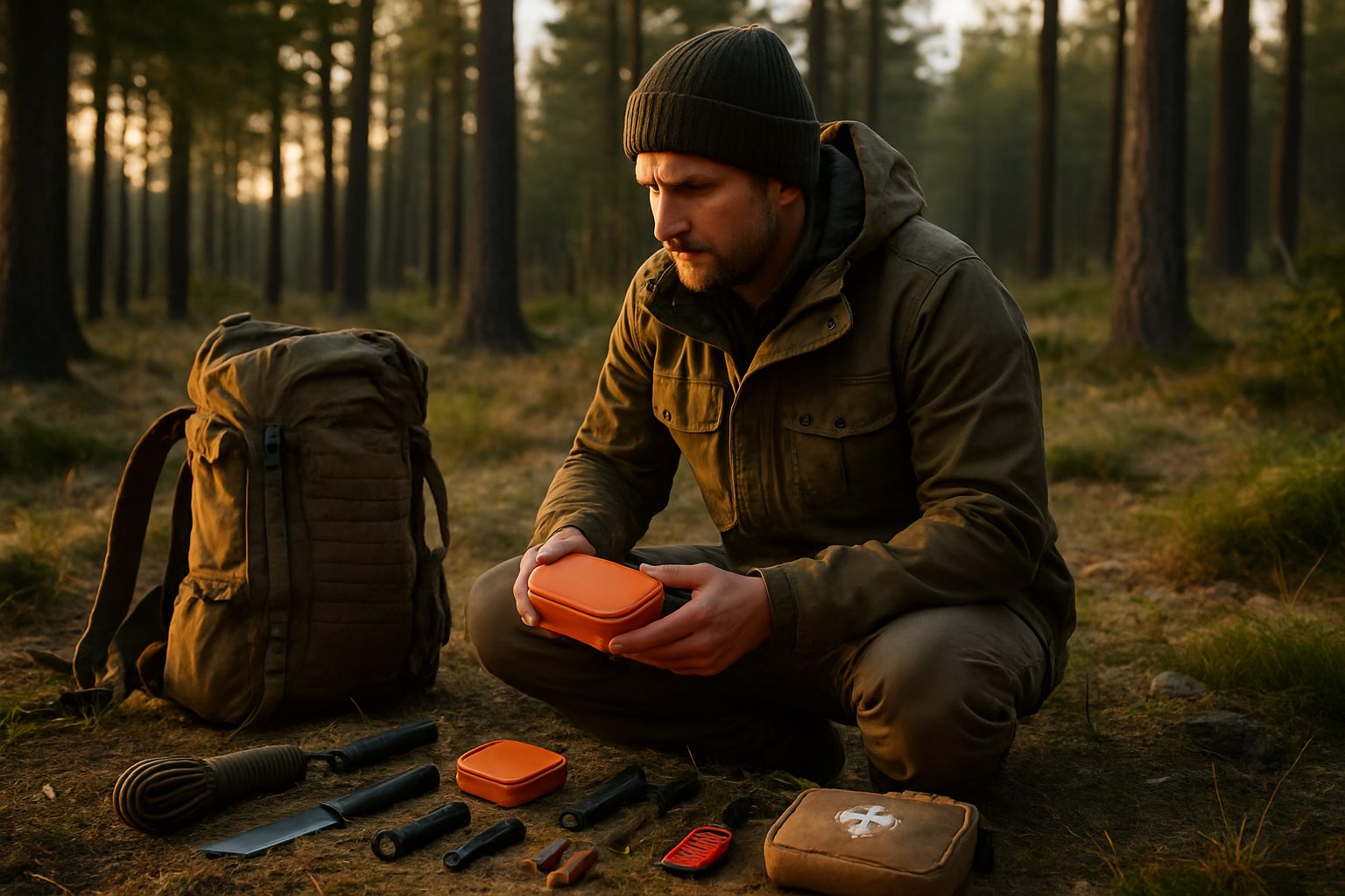 A person in outdoor clothing kneels in a forest, organizing survival gear and a first aid kit on the ground next to a backpack | outdoorsurvivors com