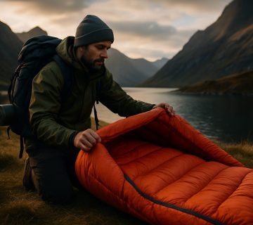 A man in outdoor gear kneels by a lake in a mountain valley, preparing an orange sleeping bag on the grass at dusk | outdoorsurvivors com