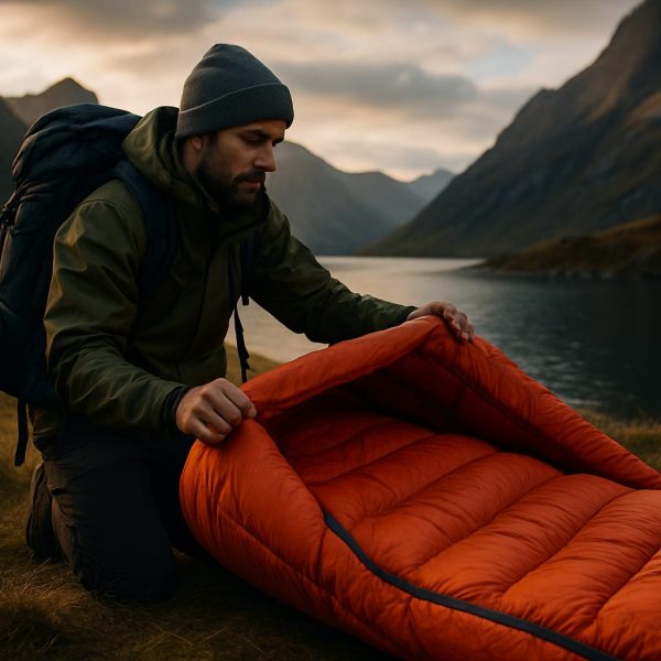 A man in outdoor gear kneels by a lake in a mountain valley, preparing an orange sleeping bag on the grass at dusk. | outdoorsurvivors.com A man in outdoor gear kneels by a lake in a mountain valley, preparing an orange sleeping bag on the grass at dusk | outdoorsurvivors com