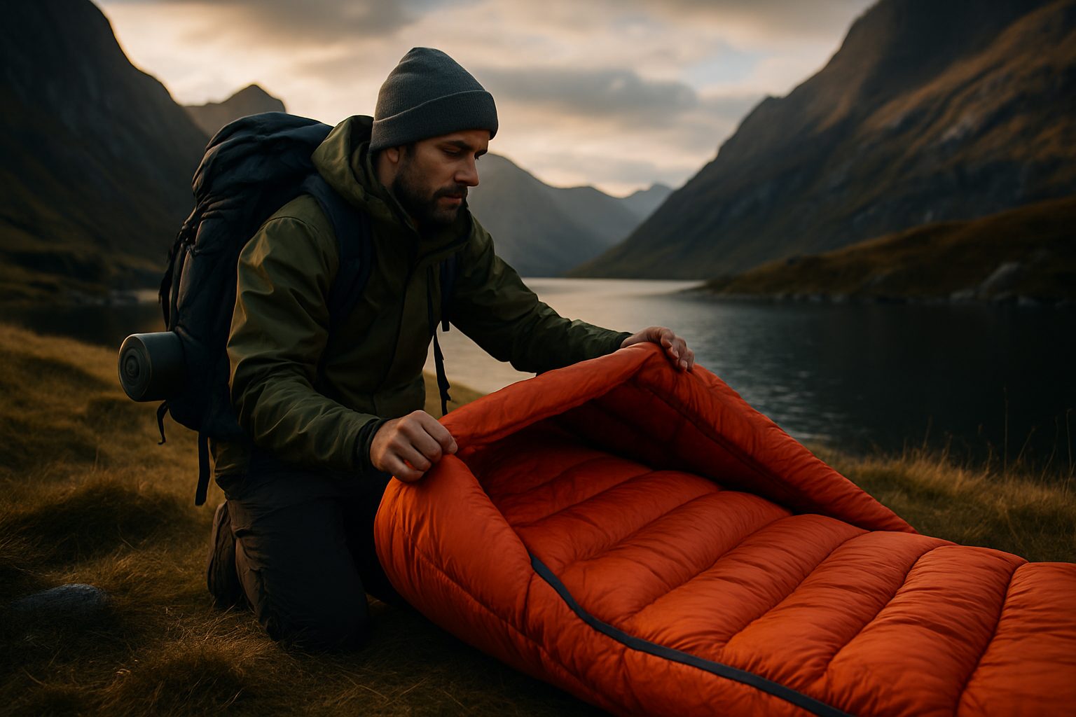 A man in outdoor gear kneels by a lake in a mountain valley, preparing an orange sleeping bag on the grass at dusk | outdoorsurvivors com