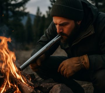 A man in outdoor clothing uses a metal tube to stoke a campfire surrounded by rocks in a forested area | outdoorsurvivors com