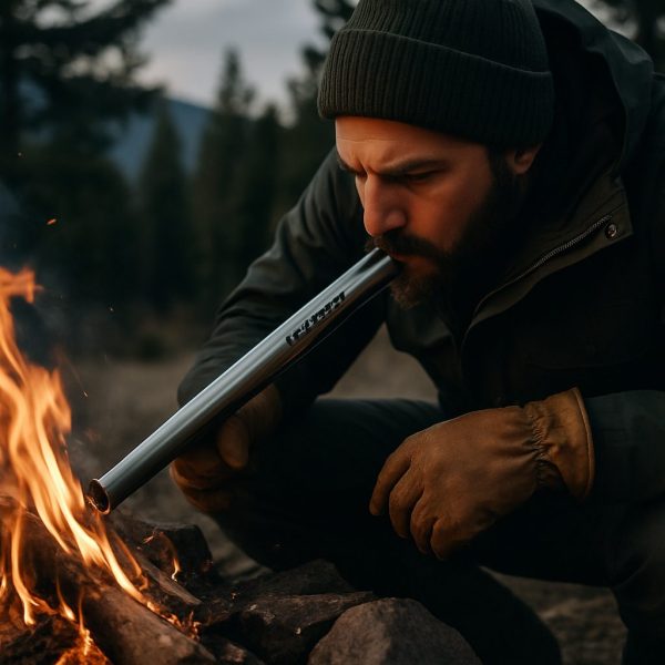 A man in outdoor clothing uses a metal tube to stoke a campfire surrounded by rocks in a forested area. | outdoorsurvivors.com A man in outdoor clothing uses a metal tube to stoke a campfire surrounded by rocks in a forested area | outdoorsurvivors com