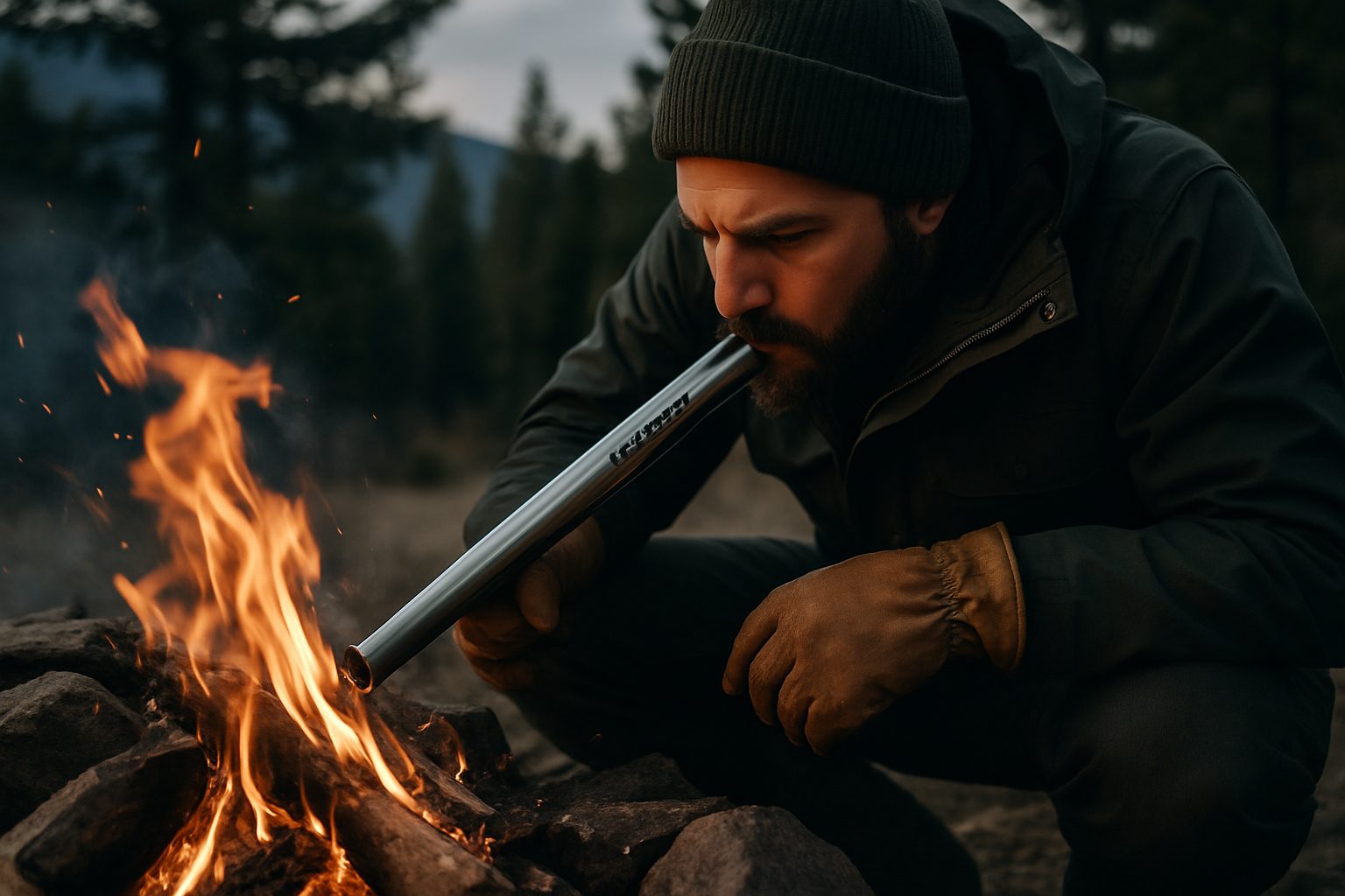 A man in outdoor clothing uses a metal tube to stoke a campfire surrounded by rocks in a forested area | outdoorsurvivors com