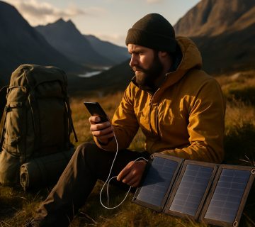 A man sits outdoors in a mountainous area, charging his phone with a portable solar panel next to a large backpack | outdoorsurvivors com