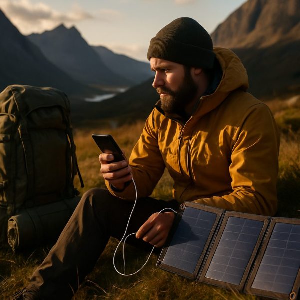 A man sits outdoors in a mountainous area, charging his phone with a portable solar panel next to a large backpack. | outdoorsurvivors.com A man sits outdoors in a mountainous area, charging his phone with a portable solar panel next to a large backpack | outdoorsurvivors com