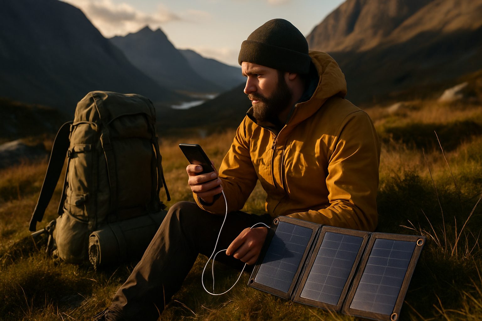 A man sits outdoors in a mountainous area, charging his phone with a portable solar panel next to a large backpack | outdoorsurvivors com