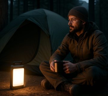 A man sits cross legged on the ground holding a mug near a lit lantern and a tent in a dark forest | outdoorsurvivors com