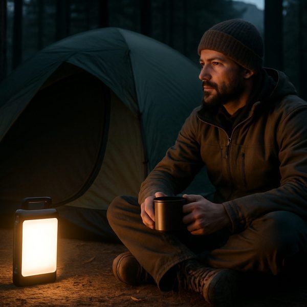 A man sits cross-legged on the ground holding a mug near a lit lantern and a tent in a dark forest. | outdoorsurvivors.com A man sits cross legged on the ground holding a mug near a lit lantern and a tent in a dark forest | outdoorsurvivors com