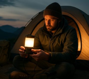 A person sits cross legged in front of a lit tent at dusk, holding a glowing lantern, with mountains visible in the background | outdoorsurvivors com